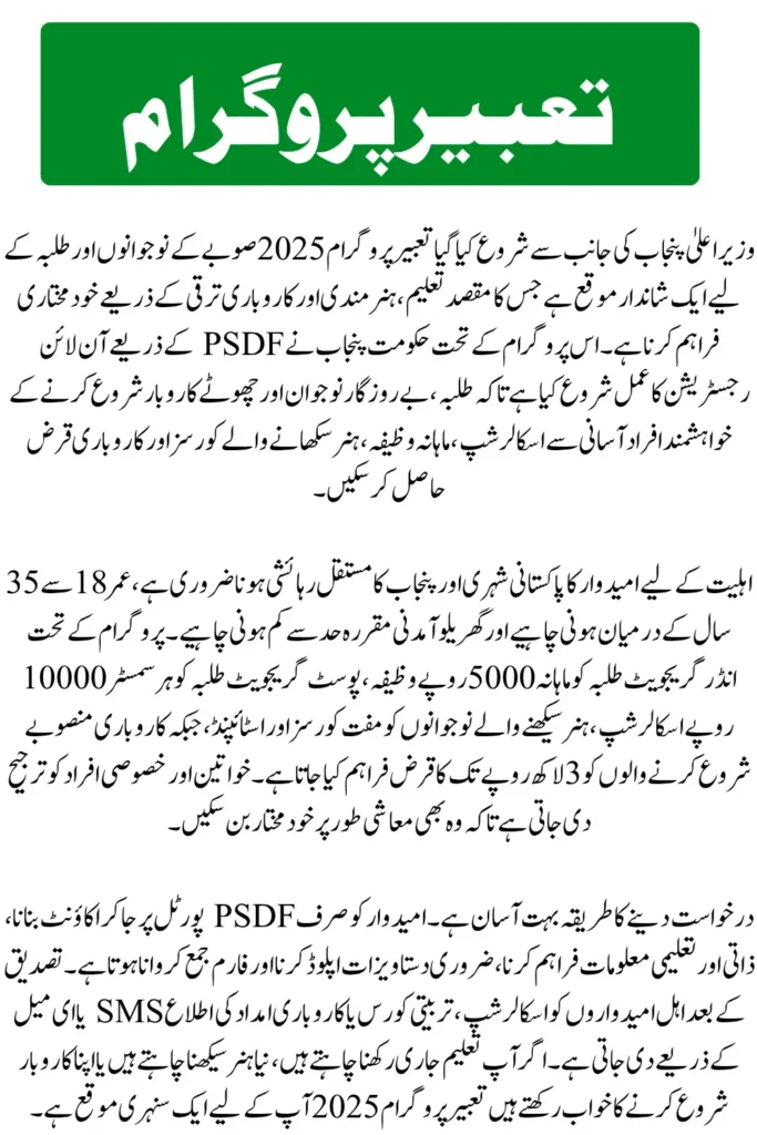 CM Punjab Tabeer Program 2025 Apply Online by PSDF 